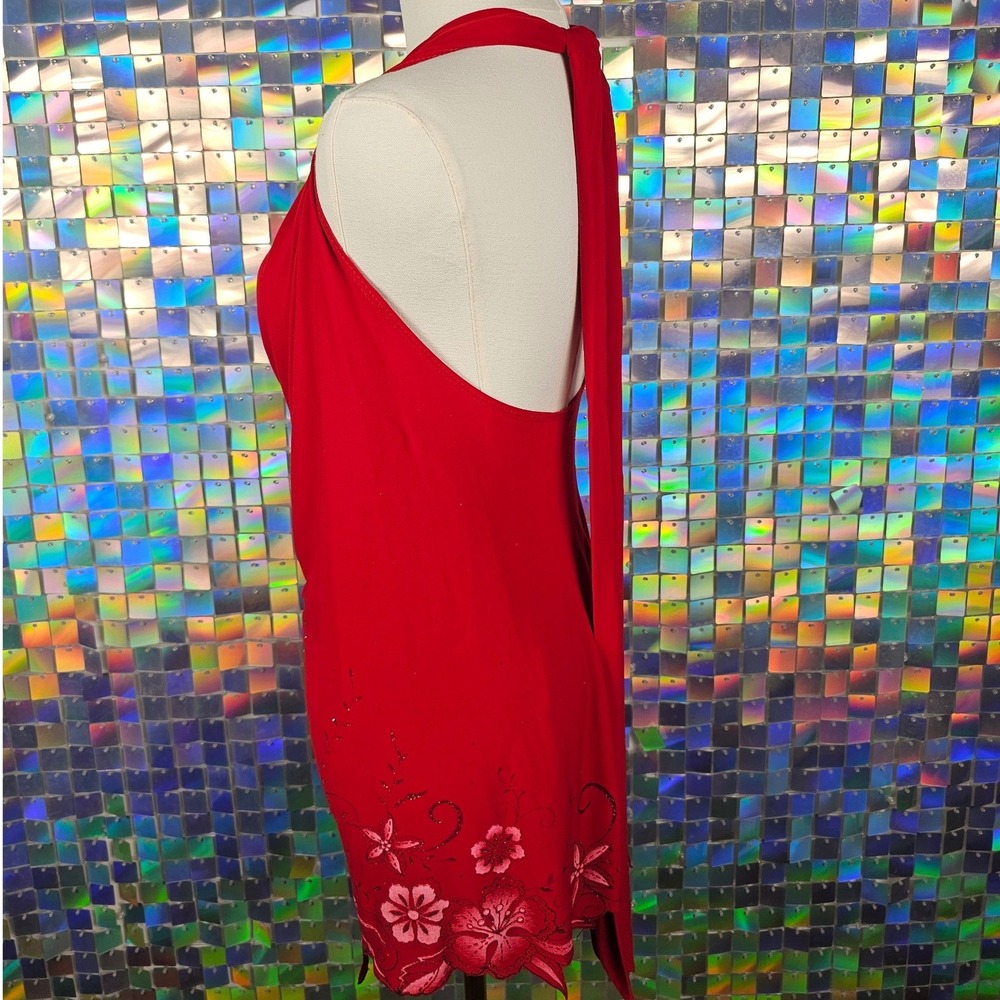 Halter Mini Dress Women Size M Red Excellent Floral Glitter Cowl Neck - Picture 8 of 10